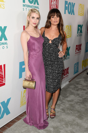 SAN DIEGO, CA - JULY 10:  Actresses Emma Roberts (L) and Lea Michele attend the 20th Century Fox party during Comic-Con International 2015 at Andaz Hotel on July 10, 2015 in San Diego, California.  (Photo by Jason Merritt/Getty Images)